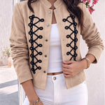 Women's Ethnic Braided Embroidered Faux Suede Stand Collar Snap Button Crop Jacket