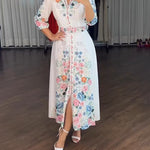 Floral Print V Neck Three Quarters Tied Detail Blouse Dress Casual A Line Slim Fit Maxi Dress