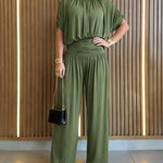 Women's Batwing Sleeve Jumpsuit High Waisted Ruched Wide Leg Overalls Elegant One Piece Outfit