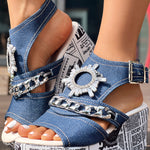 Newspaper Rhinestone Gear Pattern Slingback Platform Wedge Sandals
