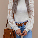 Women's Crewneck Long Sleeve Lace Sunflower Patchwork Waffle Knit Top
