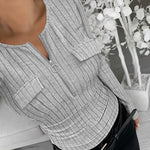 Long Sleeve Half Zip Flap Detail Ribbed Tee Slim Fit Brushed Top