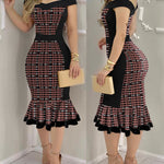 Women's Houndstooth Colorblock Off Shoulder Ruffle Hem Bodycon Dress
