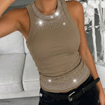 Rhinestone Decor O-neck Sleeveless Slim Fit Ribbed Tank Top