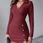 Polo V-Neck Long Sleeve Fleece Lined Bodycon Dress Slit Button Decor Ribbed Mini Dress
