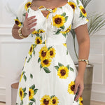 Women's Sunflower Print Midi Dress Puff Sleeve Tie Neck Sundress Shirred Back Slit A-Line Vacation Dress with Lining