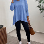 Women's Asymmetric Hem Long Sleeve Top Loose Fit Dropped Shoulder Crewneck Soft Slouchy Casual Tee