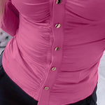Long Sleeve Button Down Shirt Collar Neck Ruched Fitted Top