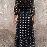 Women's Polka Dot Maxi Dress V Neck Lantern Sleeve Ruffle Hem Dress High Waist Button Up Chiffon Long Party Dress
