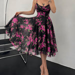 Women's Floral Print Cowl Neck Cami Dress High Waisted Sheer Mesh Overlay A-Line Dress Elegant Backless Flowy Party Dress