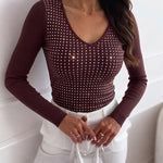 Women's V Neck Rhinestone Top Long Sleeve Ribbed Knit Tee Slim Fit Pullover Casual Base Layering Top