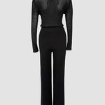 2 Pieces Outfit Round Neck Long Sleeve Semi-Sheer Crop Top and High Waist Elastic Waist Wide Leg Pants Set Casual Minimalist Ribbed Set