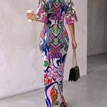 Women's Sexy Deep V Neck Abstract Print Maxi Dress Drawstring Ruched Front Slit Half Sleeve Bodycon Dress
