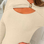 Women's Rib Knit Long Sleeve Top Gold Buckle Cut Out Tee Twisted Front Hollow Out Slim Fit Top