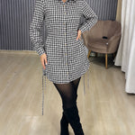 Women's Vintage Plaid Drawstring Long Sleeve Casual Dress Shirred Button Down Shirt Dress