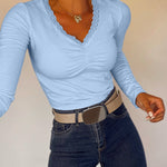 Women's Lace V Neck Ruched T Shirt Slim Fit Long Sleeve Tee Casual Elegant Top