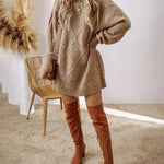 Round Neck Long Sleeve Drop Shoulder Pullover Sweater Casual Loose Fit Cable Knit Mid Length Sweater