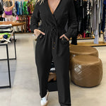 Turn-down Collar Overlap V-Neck Drawstring Stretchy Waist Jumpsuit Casual Flap Pockets Design Jumpsuit