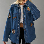 Women's Rhinestone Denim Shacket Vintage Badge Embroidered Button Down Long Sleeve Washed Jean Jacket