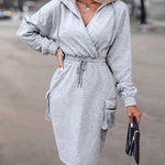 Overlap V Neck Drop Shoulder Cinched Waist Drawstring Hoodie Dress Casual Flap Cargo Pockets Design Drawstring Elastic Waist Midi Dress