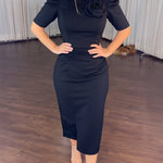 3D Flower Decor Round Neck Puff Sleeve Bodycon Dress Casual Ruched Slit Zipper Back Work Dress