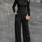 Women's Glitter Two Piece Outfit Skew Neck Long Sleeve Top and High Waist Wide Leg Pants Set