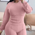 2 Pieces Outfit O-neck Long Sleeve Cinched Waist Sweatshirt and Elastic Waist Wide Leg Pants Set Casual Seam Design Sweatpants Set