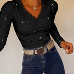 Women's Sparkle Glitter V Neck Long Sleeve Top Ruched Lace Trim Tee