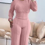 2 Pieces Outfit O-neck Long Sleeve Cinched Waist Sweatshirt and Elastic Waist Wide Leg Pants Set Casual Seam Design Sweatpants Set