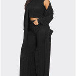 3 Pieces Outfits Cozy Comfort Glitter Long Sleeve Longline Coat and Cropped Ribbed Knit Tank Wide Leg Pants Set