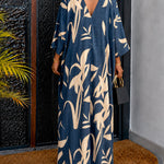 Women's Oversized Floral Kaftan Maxi Dress V Neck Batwing Sleeve Hollow-out Beach Robe Long Dress with Pockets
