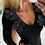 Floral Pattern V Neck Bodycon Mini Dress Long Sleeve Knit Sweater Dress