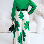 2 Pieces Outfit Long Sleeve Satin Blouse and Casual Floral Print High Waist Wide Leg Pants Set