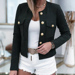 Women's French Style Cropped Jacket Round Neck Gold Button Coat Argyle Cable Jacquard Knit Outerwear