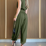 Padded Shoulders Sleeveless Cinched Waist Side High Slit Overalls Casual Hollow-out Back Ruched Jumpsuit