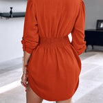 Turn-down Collar Roll Up Sleeve Button Down Shirt Dress Casual Shirred Back Side Drawstring Mini Dress