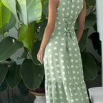 Women's Polka Dot Maxi Dress Casual Sleeveless Lace up Back Vacation Dress Elegant Ruffle Hem Loose A Line Long Sundress