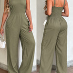 V-Neck Adjustable Thick Straps Denim Overalls Casual Shirred Back Wide Leg Suspender Jumpsuit