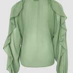 V Neck Shoulder Ruffles Design Blouse Casual Button Front Long Sleeve Top