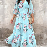 Women's Floral Print Ruffle Hem Maxi Dress V-Neck Three Quarters Sleeve Shirred Back A-Line Vacation Dress