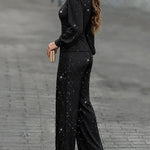 Women's 2 Piece Glitter Set Deep V Neck Lantern Sleeve Ruched Top and Wide Leg Pants with Pockets