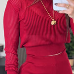 2 Pieces Outfit Round Neck Long Sleeve Semi-Sheer Crop Top and High Waist Elastic Waist Wide Leg Pants Set Casual Minimalist Ribbed Set