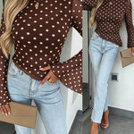 Women's Polka Dot Mesh Top Flare Long Sleeve Boat Neck Lined Asymmetric Frill Hem Blouse Vintage Party Shirt