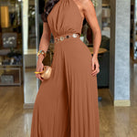 CHICME Women's Halter Tie Wide Leg Jumpsuit Pleated High Waist One-Piece Romper Elegant Sleeveless Evening Party Jumpsuit without Waist Chain