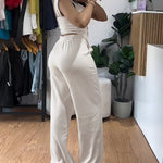 2 Pieces Outfit Thick Strap Button Front Shirred Back Slim Fit Crop Top and Casual High Waist Zipper Fly Elastic Back Waist Wide Leg Pants Set