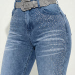 Rhinestone Decor High Waist Zipper Fly Skinny Jeans Washed Denim Pants without Belt