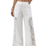 Women's Boho Lace Spliced Wide Leg Pants Casual Drawstring High Waist Pants