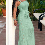 Women's Eyelet Embroidery Maxi Dress Backless Side Slit Slip Dress Tie Waist Bohemian Long Dress
