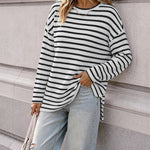 Women's Striped Textured Knit Long Sleeve T-Shirt Casual Side Slit Loose Fit Top