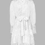Guipure Lace Spliced Turn-down Collar Long Sleeve Button Front Shirt Dress Casual Tie Waist Ruffle Hem Dress
